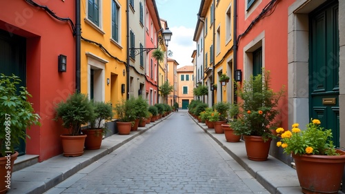 Fototapeta Naklejka Na Ścianę i Meble -  Typical view of empty narrow European street with colorful walls and flowers in pots. Architecture and landmark. Cozy city landscape, tourist route
