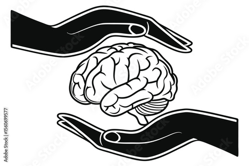 Black and white hands and human's brain. Modern collage style.disease, anatomy, biology, brain, brainstorm, brainstorming, creativity, depression, education, genius, health care, hold, human, idea, 