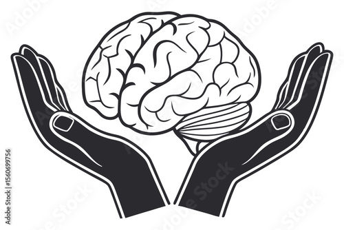 Black and white hands and human's brain. Modern collage style.disease, anatomy, biology, brain, brainstorm, brainstorming, creativity, depression, education, genius, health care, hold, human, idea, 