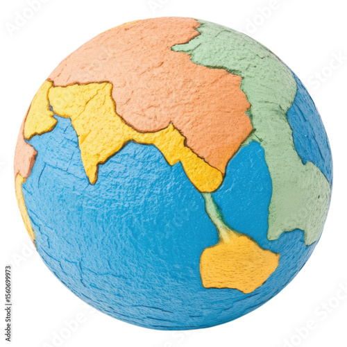 A textured, colorful globe highlighting parts of Asia and Australia with raised borders and distinct regional color zones.