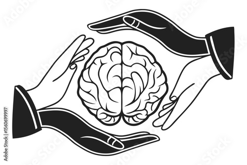 Black and white hands and human's brain. Modern collage style.disease, anatomy, biology, brain, brainstorm, brainstorming, creativity, depression, education, genius, health care, hold, human, idea, 
