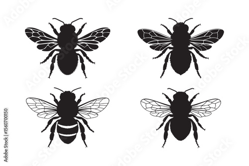 Detailed black silhouette illustrations of bees on a white background