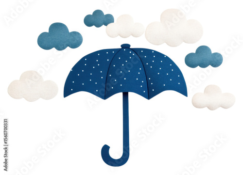 A blue umbrella with white raindrop patterns is surrounded by white and blue clouds.