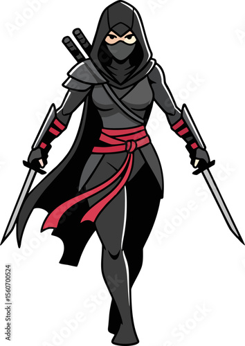 Vector Illustration of Female Ninja Assassin in Black Suit with Twin Blades and Red Accents