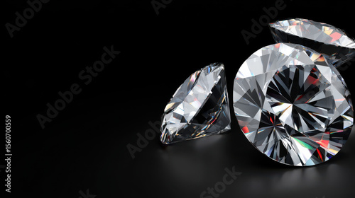 Three exquisitely cut diamonds sparkle brilliantly against a sleek, black background, showcasing their facets and captu the light with exceptional clarity.