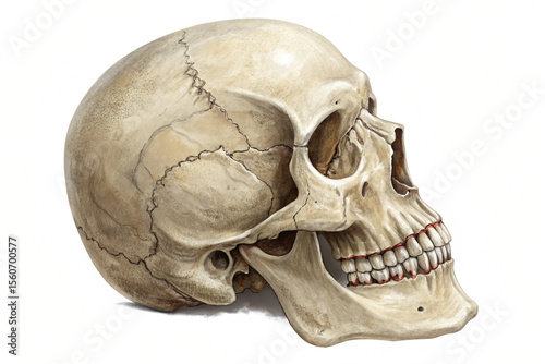 Anatomically accurate human skull, light-colored, presented from the side on a plain grey backdrop.