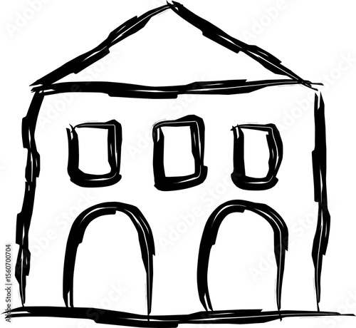 station building icon in doodle style. hand drawn black sketch of public transportation train