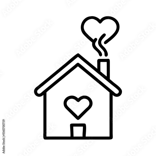 A house with a heart-shaped smoke rising from its chimney, symbolizing love and warmth. The house has a heart on its facade