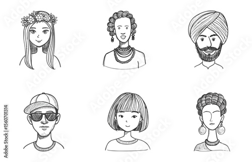 Set of six hand-drawn avatars featuring people of different nationalities- Ukrainian girl , African woman, Indian, Western boy , East Asian, Diversity education, global platforms,  inclusive branding.