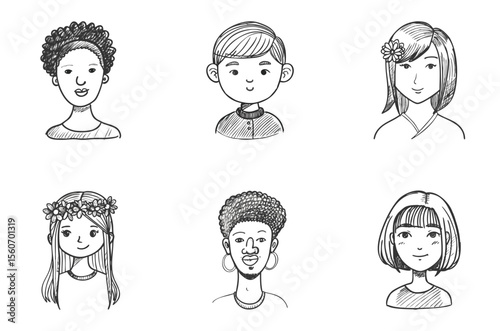 Set of six hand-drawn multicultural avatars .Concept youth platforms, DEI design, education apps.. Black and white character portraits

