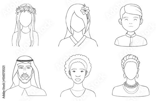 Diverse cultural avatars in clean line art, with floral crowns, traditional clothing, afro hair and accessories.  Concept multicultural platforms, education,  identity