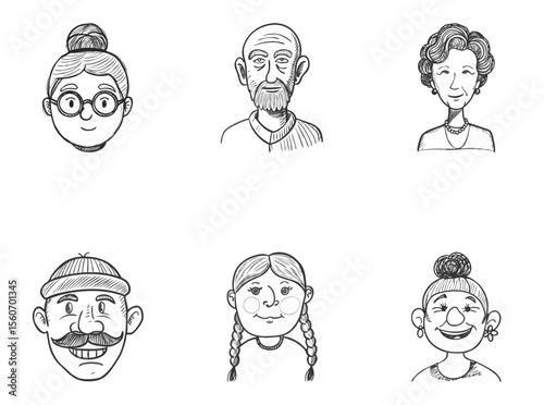 Set of six hand-drawn cartoon avatars showing friendly faces of various ages with quirky features and accessories, monochrome character heads. Line art illustration pack. Concept social platforms, ava