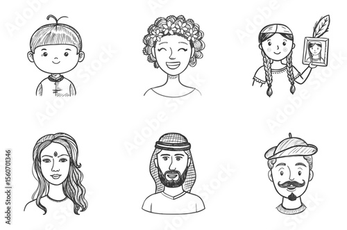 Set of six hand-drawn multicultural avatars featuring diverse outfits, hairstyles and ethnic traits, expressive black and white portraits. Line art illustration pack. Concept global apps, education to