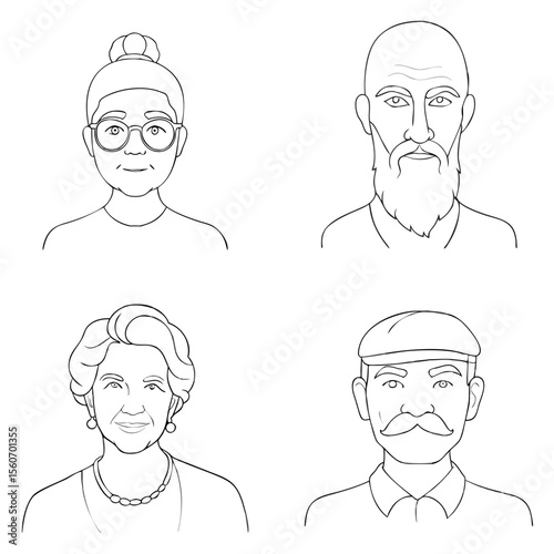 Senior avatars in clean line art, smiling and neutral expressions, with glasses, jewelry, beard and cap. Male and female elderly characters. Concept healthcare, family media, retirement services