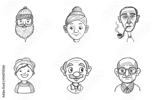 Set of six hand-drawn elderly avatars with distinct expressions and styles, cartoon faces in black and white. Line art illustration pack. Concept senior services, healthcare apps, character branding.
