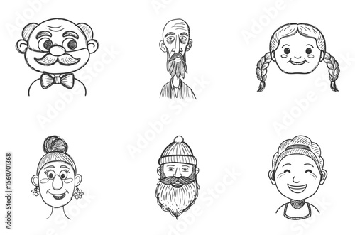 Set of six hand-drawn character avatars with playful facial features and diverse ages, black and white cartoon portraits. Line art illustration pack. Concept user profiles, family apps, character-base
