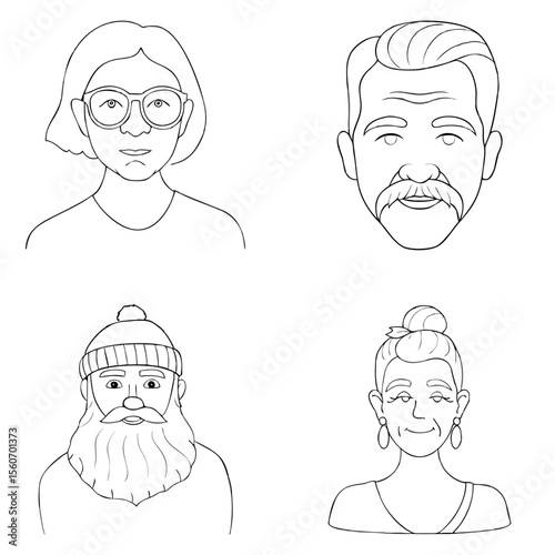 Mature male and female avatars in clean line style, with glasses, mustache, beard, earrings and knit cap. Expressive hand-drawn portraits. Concept lifestyle blogs, senior apps, creative media

