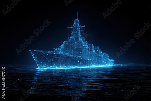 Futuristic naval ship, outlined with glowing blue lines, navigates digitized waters. A technological marvel, embodying modern maritime innovation and power. Abstract dark blue wireframe.

