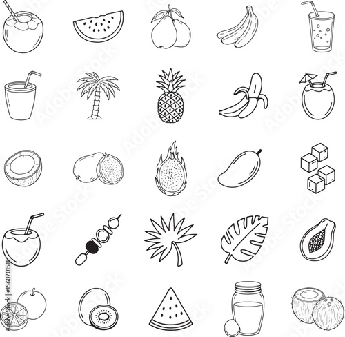 Collection of hand drawn summer fruit and drink line art icons