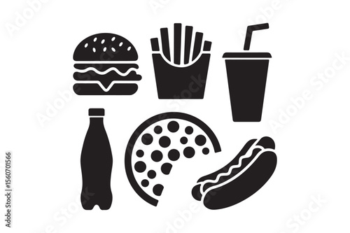 Collection of black silhouette icons representing popular fast food items