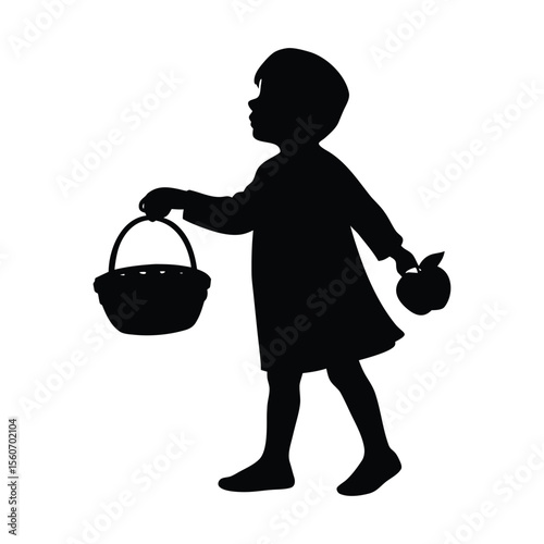 Child with apple basket silhouette vector illustration