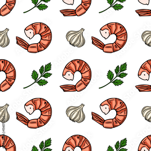 Seamless vector pattern of hand-drawn shrimp, garlic, and parsley, creating a vibrant and appetizing culinary illustration perfect for food blogs, restaurant menus, or packaging design.