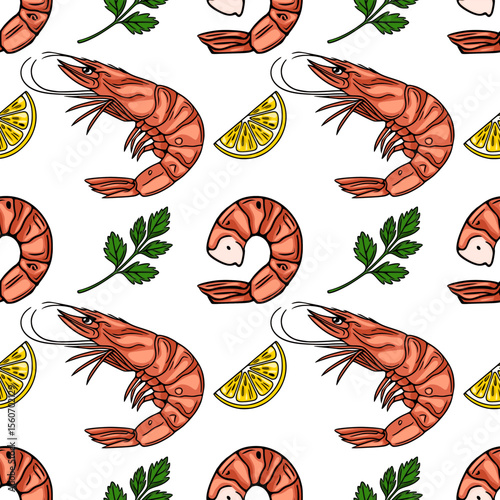 Seamless vector pattern of delicious shrimps, lemon slices, and parsley sprigs, perfect for restaurant menus or seafood packaging design.