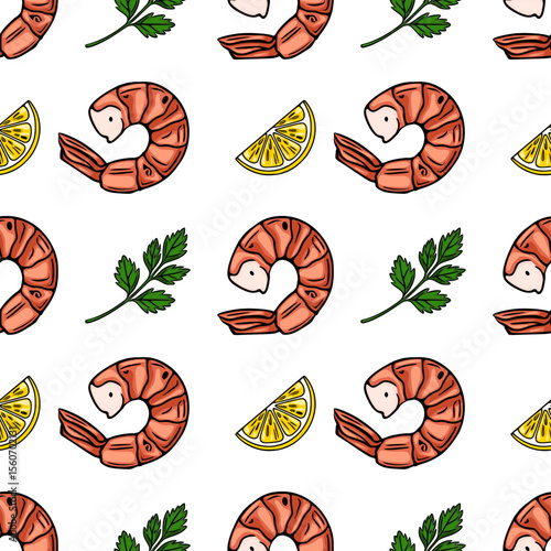 Seamless vector pattern of hand-drawn shrimps, lemon slices, and parsley sprigs, creating a vibrant and appetizing design for culinary-themed projects.