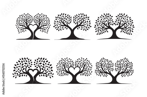 Silhouette trees with heart shapes in branches on white background