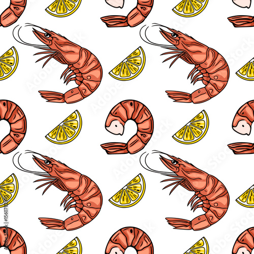 Seamless vector pattern of hand-drawn shrimps and lemon slices, vibrant illustration for culinary design.
