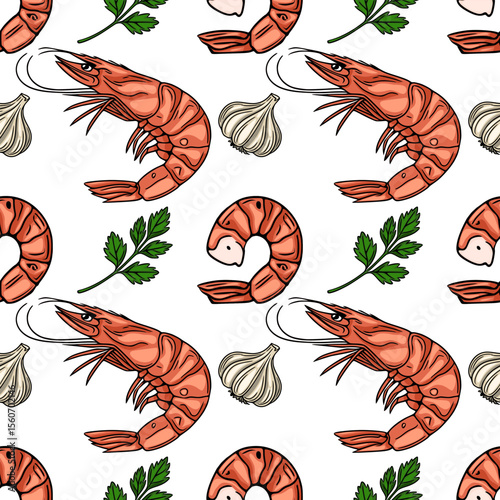 Seamless vector pattern of delicious grilled shrimps, garlic cloves, and fresh parsley sprigs, ideal for food packaging or restaurant menus.