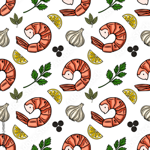 Seamless vector pattern of hand-drawn shrimps, garlic, lemon slices, parsley, and black peppercorns, ideal for food packaging or culinary designs.