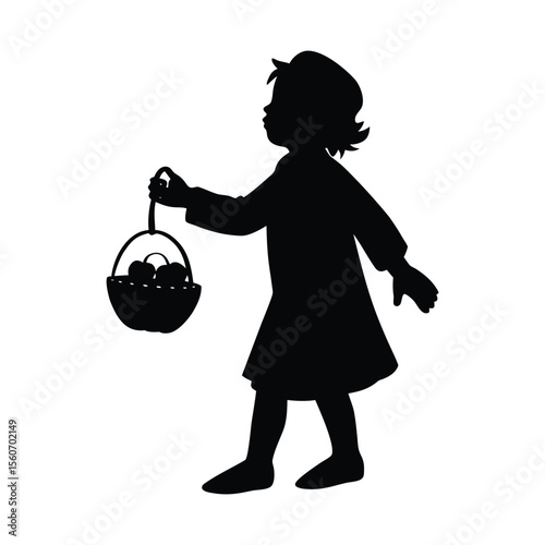 Child with apple basket silhouette vector illustration