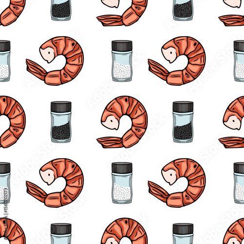 Seamless vector pattern of hand-drawn grilled shrimps and spices in glass jars, featuring a vibrant color palette and a playful, appetizing style, perfect for food packaging or culinary designs.