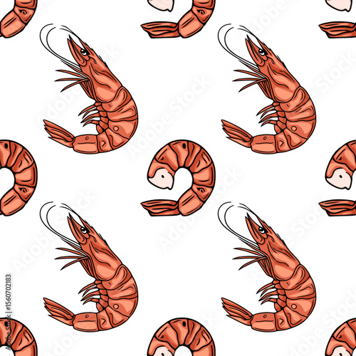 Seamless vector pattern of hand-drawn orange shrimps, featuring both whole shrimps and curled shrimp tails, creating a vibrant and appetizing seafood design.