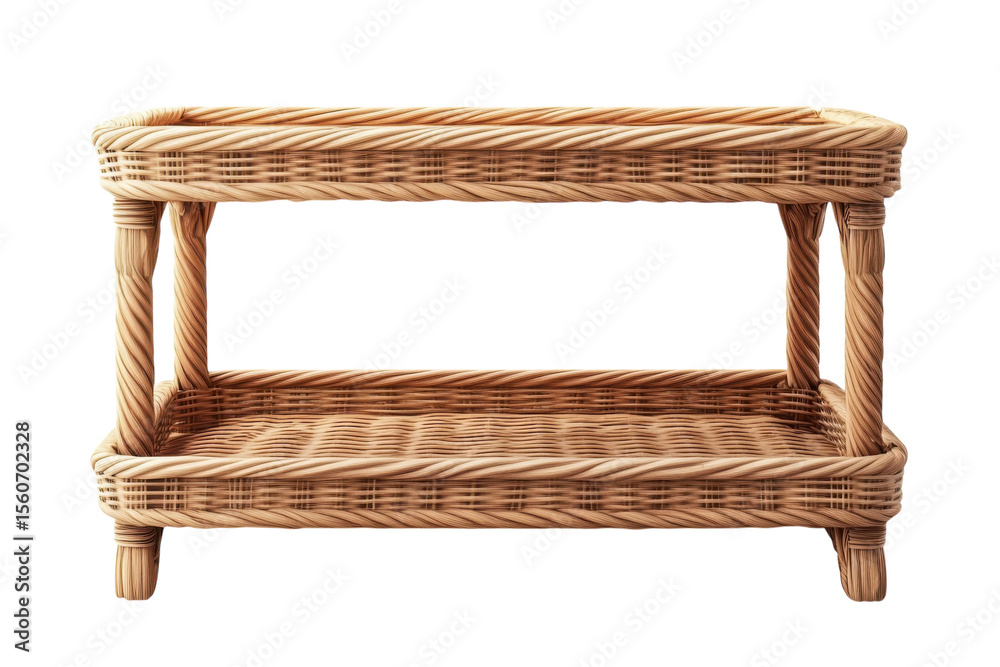 Fototapeta premium Handcrafted two tier wicker serving cart evokes rustic charm bringing warmth and elegance to on transparent background