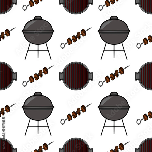 Seamless vector pattern featuring a cheerful illustration of charcoal grills, skewers with grilled meat, perfect for summer BBQ party design or food blog.