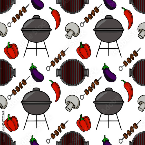 Seamless vector pattern of a summer BBQ grill with vegetables and meat skewers, perfect for food blogs, restaurant menus, or summer-themed designs.