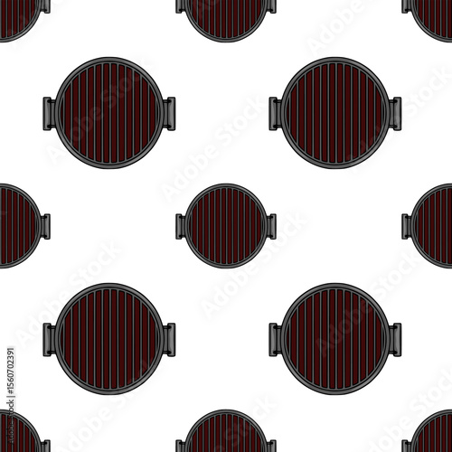 Seamless vector pattern of round grill grates in dark maroon and gray, ideal for kitchen or BBQ design backgrounds.
