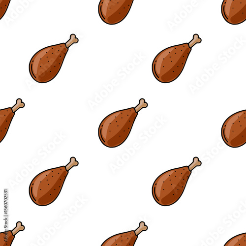 Seamless vector pattern of roasted chicken legs, featuring a hand-drawn style with brown tones and subtle detailing for a playful yet appetizing design.