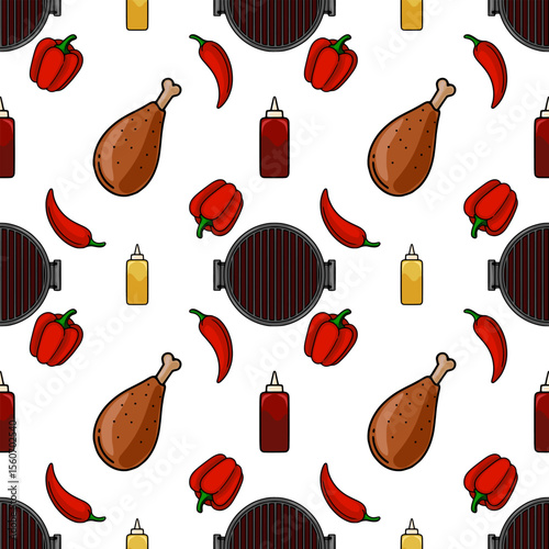Seamless vector pattern featuring a playful arrangement of barbecue grill, chicken legs, red bell peppers, and chili peppers, complemented by ketchup and mustard bottles, creating a vibrant and app...