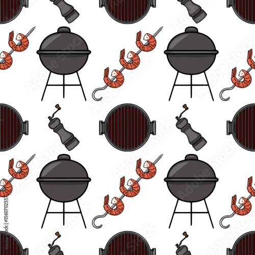 Seamless vector pattern of hand-drawn barbeque elements: charcoal grill, shrimp skewers, and pepper grinder, creating a playful summery design.