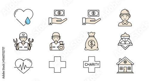 Charity & Donation Web Icon Set – Volunteering, Giving, Care & Nonprofit Line‑Style Icons | Editable Stroke Vector