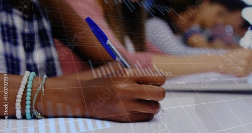 Student placing pen, writing notes for education while digital graphs and pie charts appearing