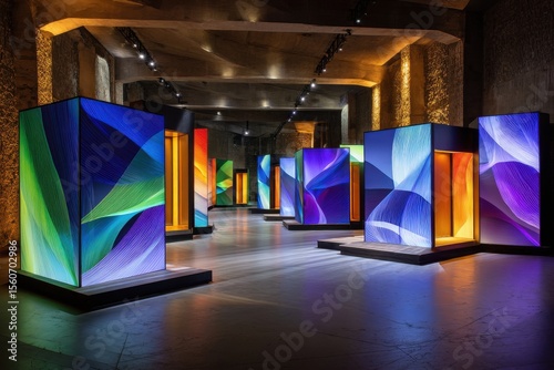 Dynamic art exhibition featuring vibrant light installations in a modern gallery space engaging visitors through immersive visuals