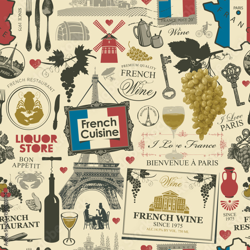 Hand drawn seamless pattern on the theme of French cuisine and Paris with food, wine, architectural landmarks, map and flag. Postcard. Wallpaper, wrapping paper. No AI used