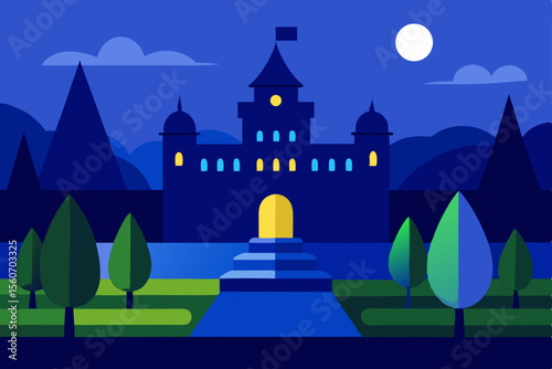 Enchanted Castle at Dusk: A captivating digital illustration portrays a majestic castle at dusk, under a serene moonlit sky, showcasing elements of fantasy and tranquility. 
