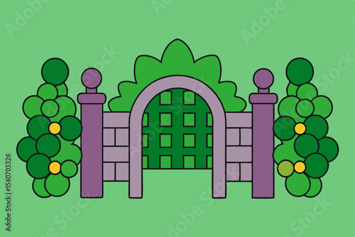 Arched Gateway: Vector Illustration of an arched gateway leading into a garden, adorned with topiary trees and verdant bushes, set against a green backdrop.