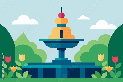 Tranquil Fountain in the Garden: An eye-level perspective of a vibrant fountain nestled in a blossoming garden, with meticulously manicured plants, fluffy clouds floating in the vast blue sky. 