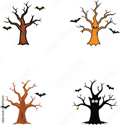 Illustration of Spooky Trees and Bats for Halloween Decor and Design